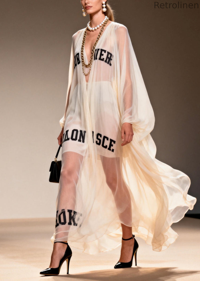 White Oversized Letter Print Chiffon Sheer Dresses Summer