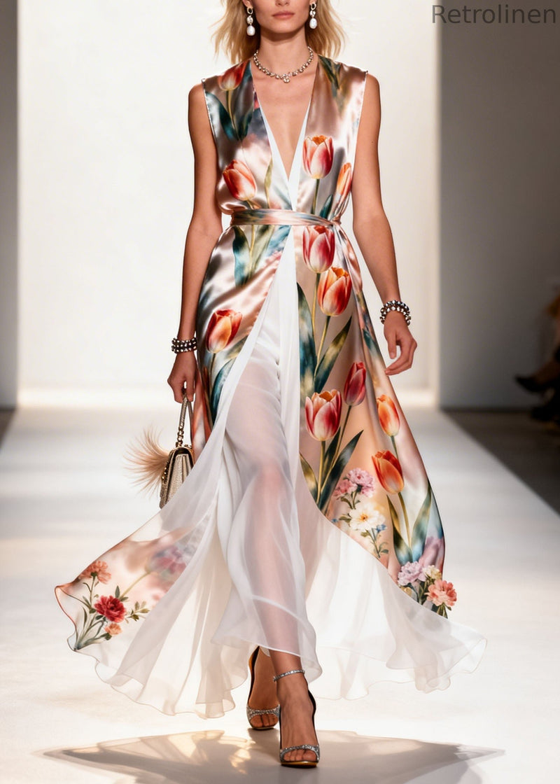 V Neck Print Patchwork False Two Pieces Chiffon Dress Summer