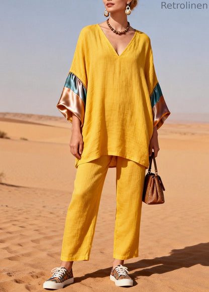 Yellow V Neck Silk Patchwork Linen Two Piece Set Summer