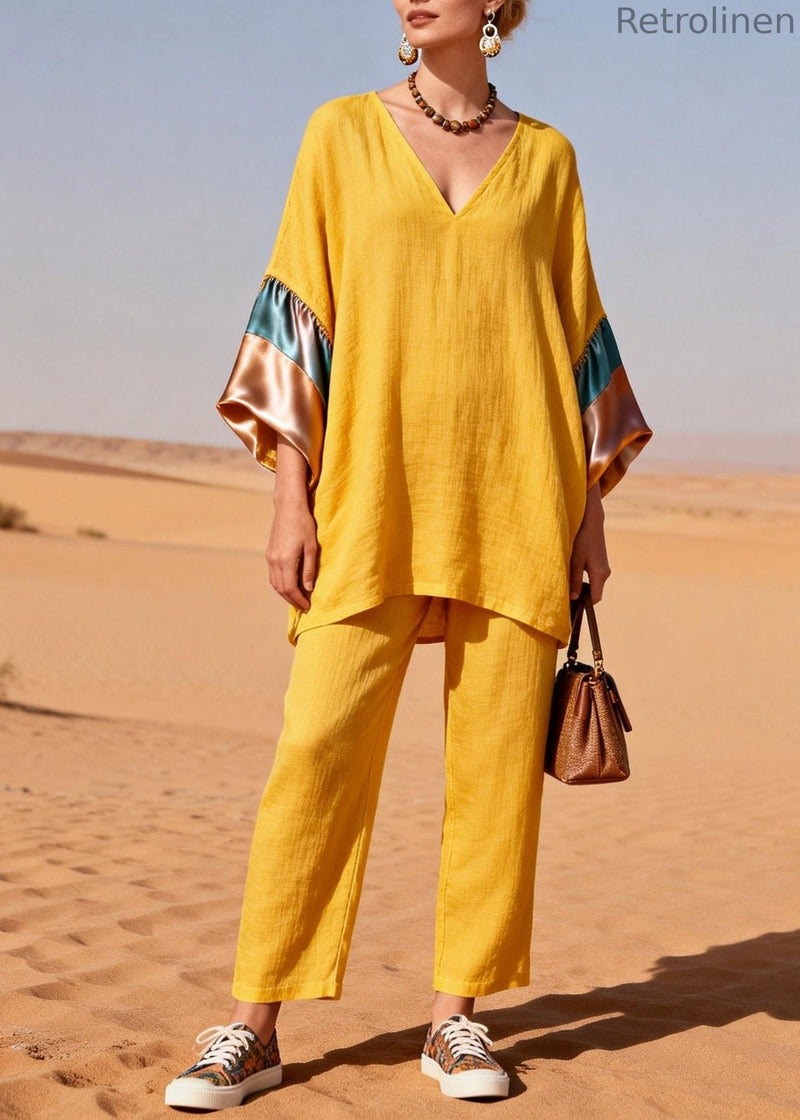 Yellow V Neck Silk Patchwork Linen Two Piece Set Summer