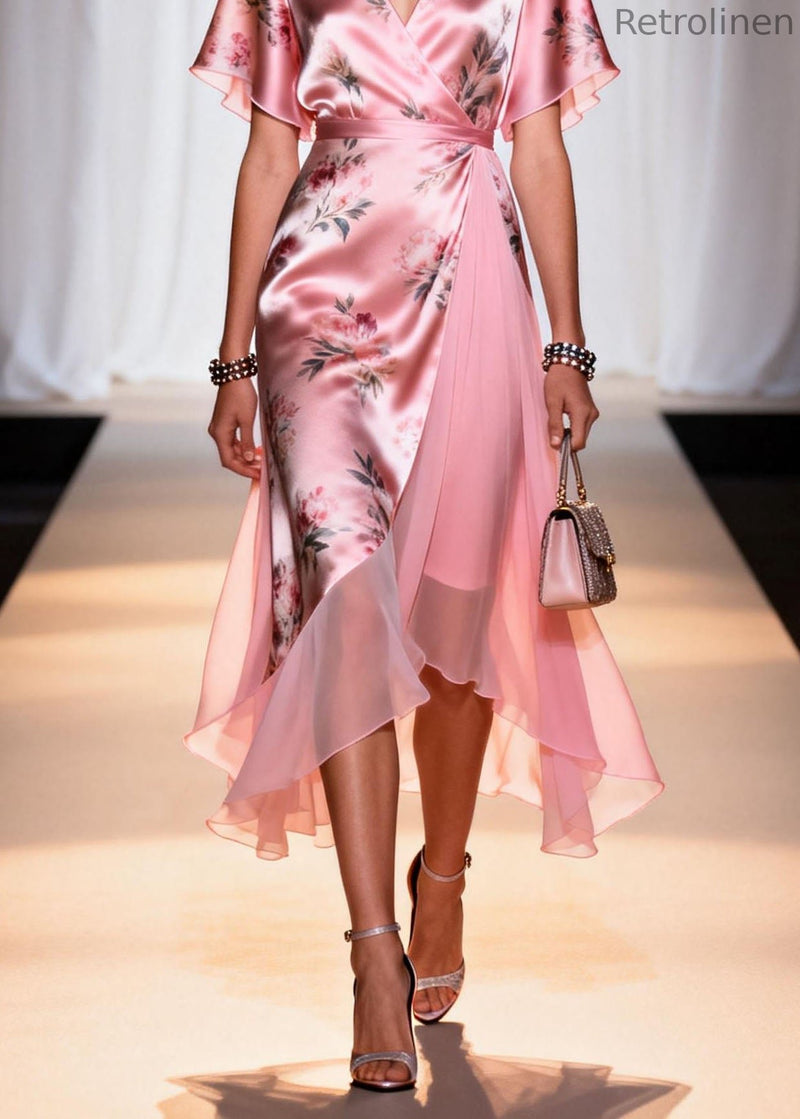 Pink V Neck Print Patchwork Silk Dresses Summer