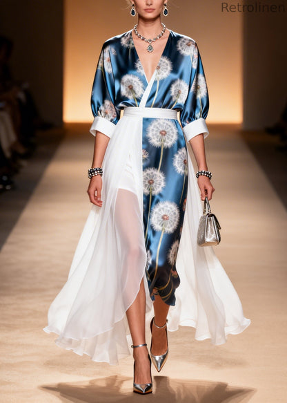 Organic Navy Asymmetrical Patchwork Chiffon Dresses Summer