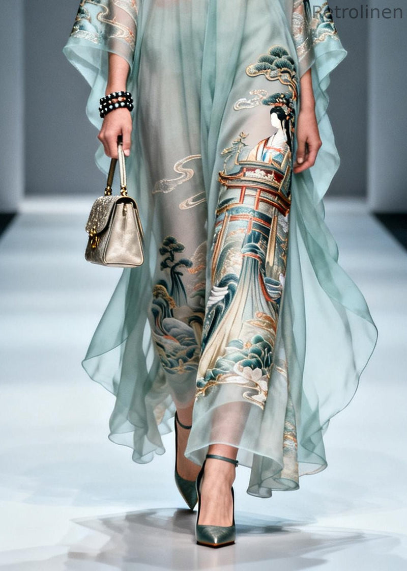 Blue Oversized Print Chiffon Long Dresses Summer