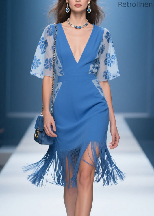 Handmade Blue V Neck Print Tassel Patchwork Cotton Dresses Summer