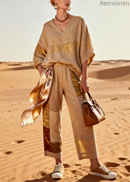Khaki V Neck Tops and Crop Pants Patchwork Silk Linen Two Pieces Set Batwing Sleeve