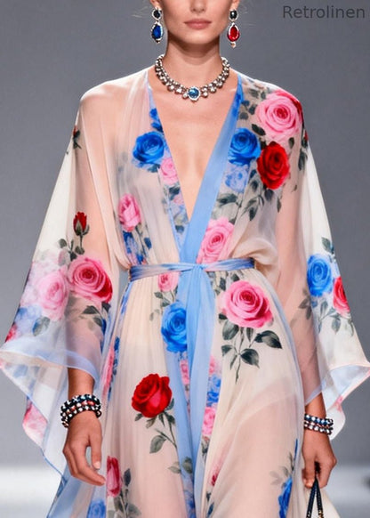 Multicolored Print Chiffon Maxi Dress Tie Waist Summer