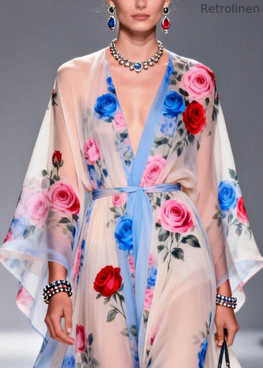 Multicolored Print Chiffon Maxi Dress Tie Waist Summer