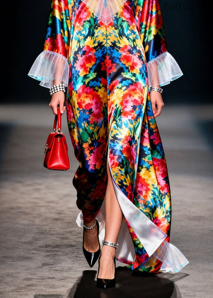 V Neck Ruffled Print Patchwork Chiffon Robe Dresses Spring
