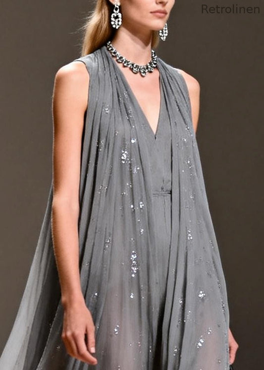 Grey Sequins Chiffon Long Dress Sleeveless