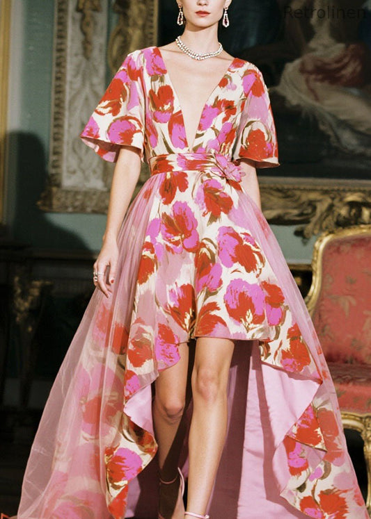 V Neck Low High Design Print Chiffon Dresses Summer