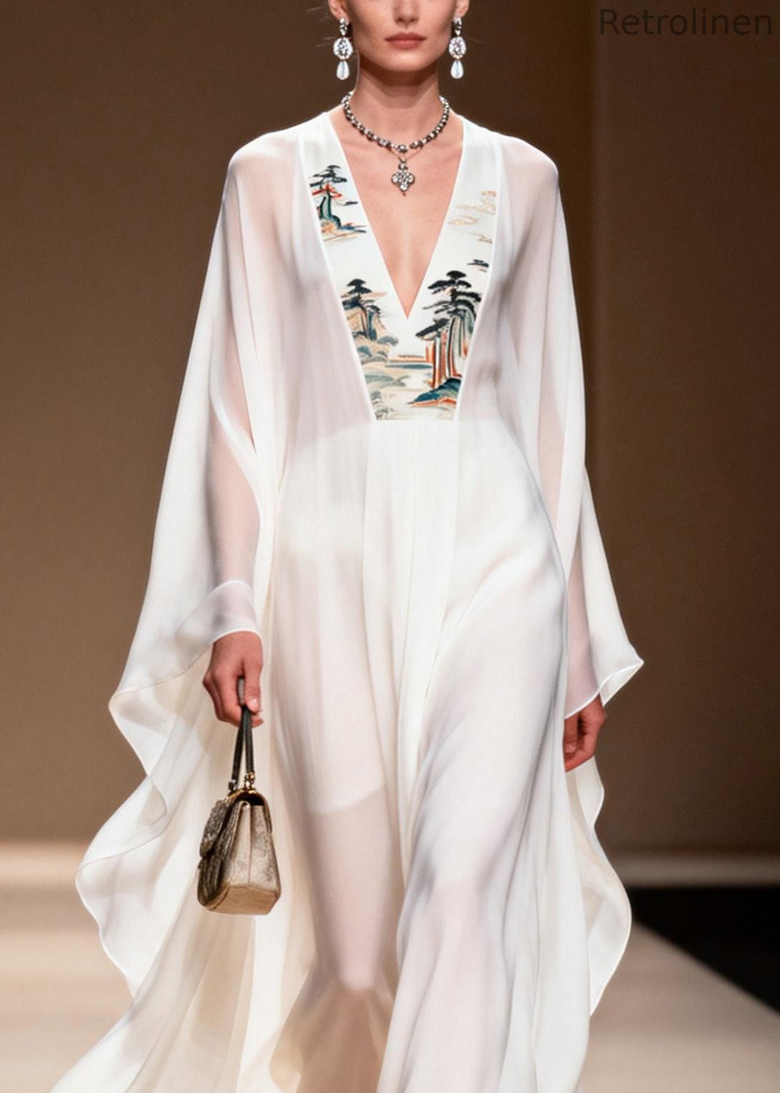 White V Neck Print Patchwork Chiffon Dress Spring