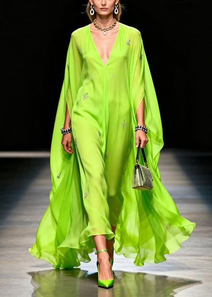 Boutique Fluorescen Green V Neck Zircon Chiffon Dress Summer