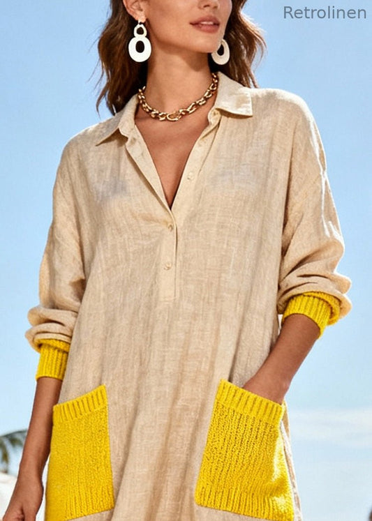 Loose Khaki Oversized Patchwork Linen Maxi Dress Spring