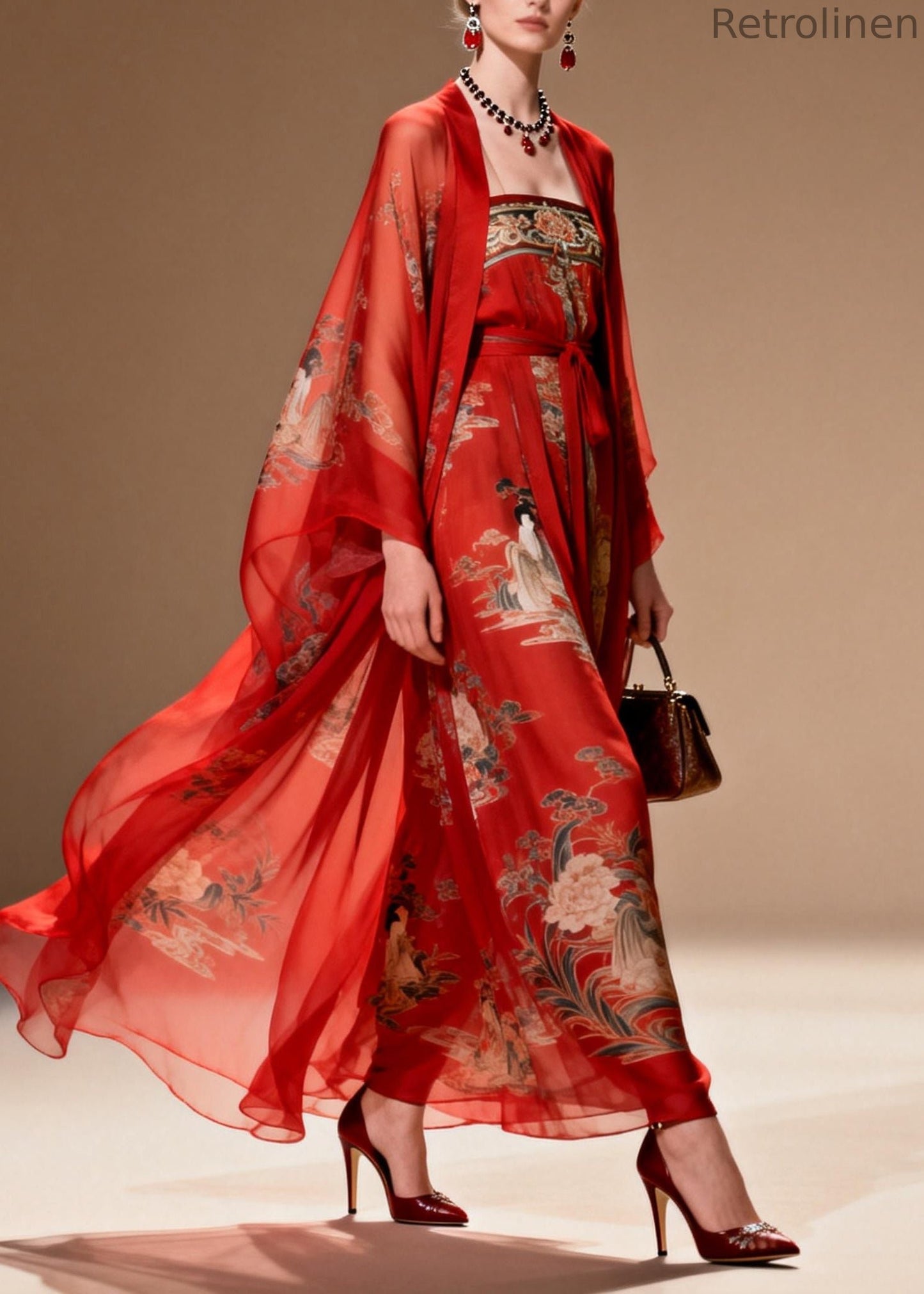 Red Print Draping Chiffon Oriental Dress Two Piece Suit Set Summer