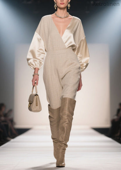 French V Neck Patchwork Linen Silk Jumpsuits Spring