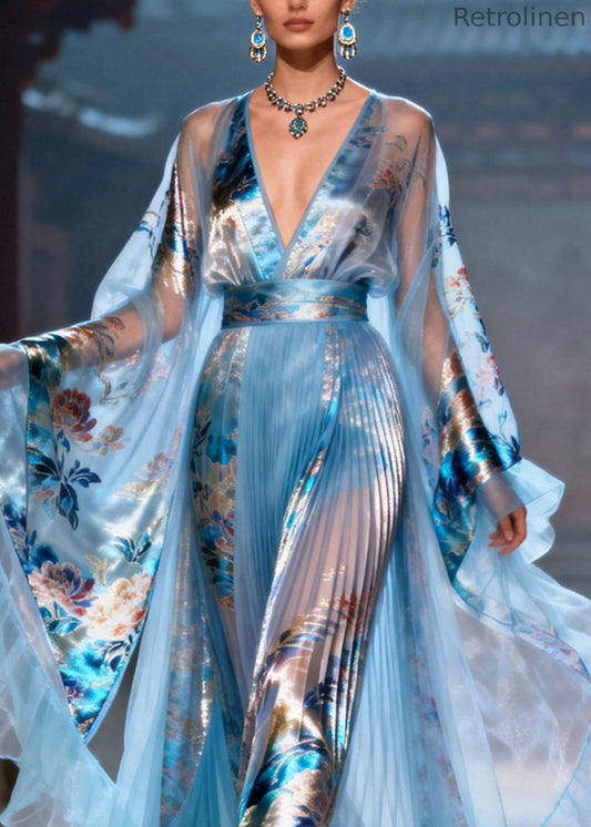 Blue Ruffled Print Chiffon Maxi Dresses Summer