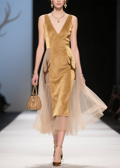 V Neck Tulle Patchwork Velvet Dress Sleeveless