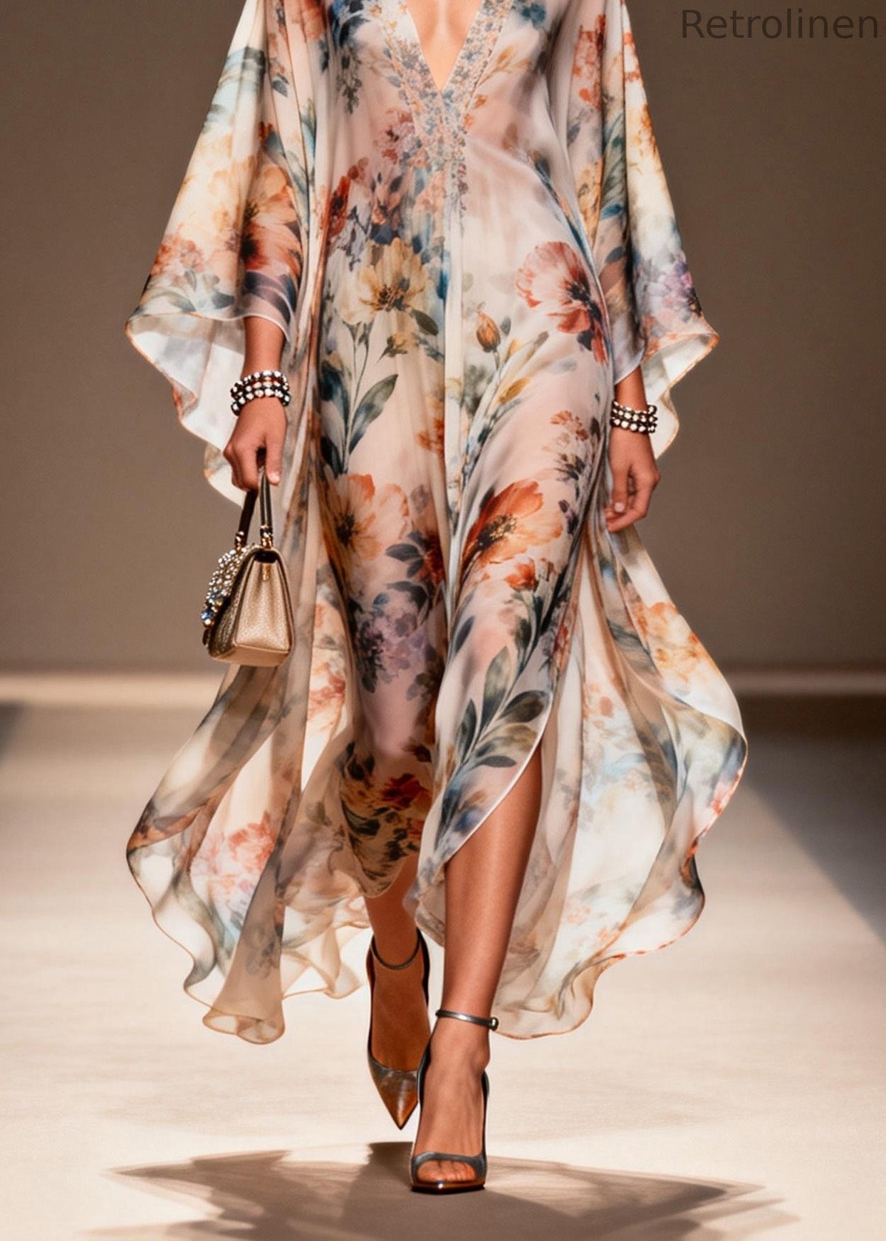 V Neck Print Side Open Chiffon Dress Spring