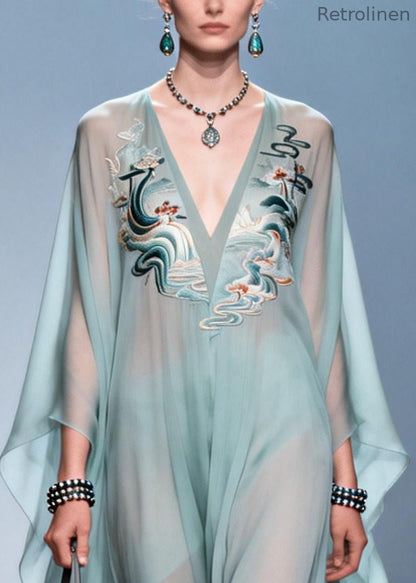 Sky Blue Print Draping Chiffon Maxi Dress Batwing Sleeve