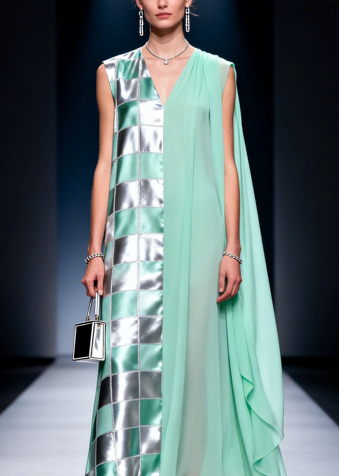 V Neck Plaid Print Chiffon Long Dress Summer