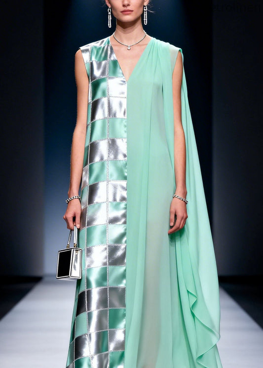 V Neck Plaid Print Chiffon Long Dress Summer