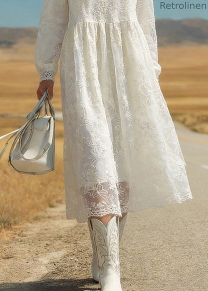 Italian Beige Embroidered Tulle Warm Fleece Long Dresses Spring