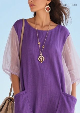 Purple Patchwork Tulle Vacation Dress Oversized Pockets Summer
