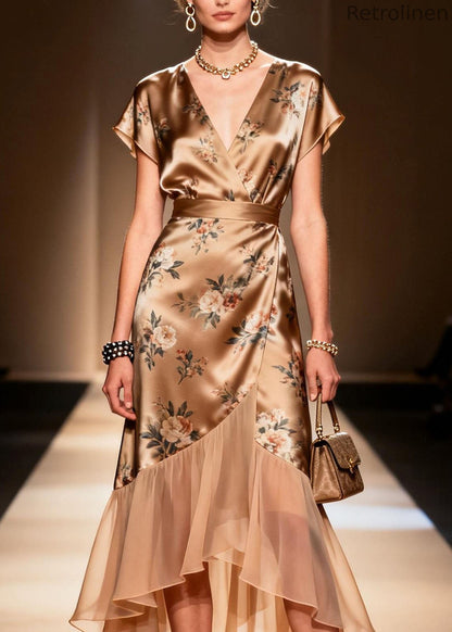 Art Ruffled Asymmetrical Print Patchwork Silk Dress Summer