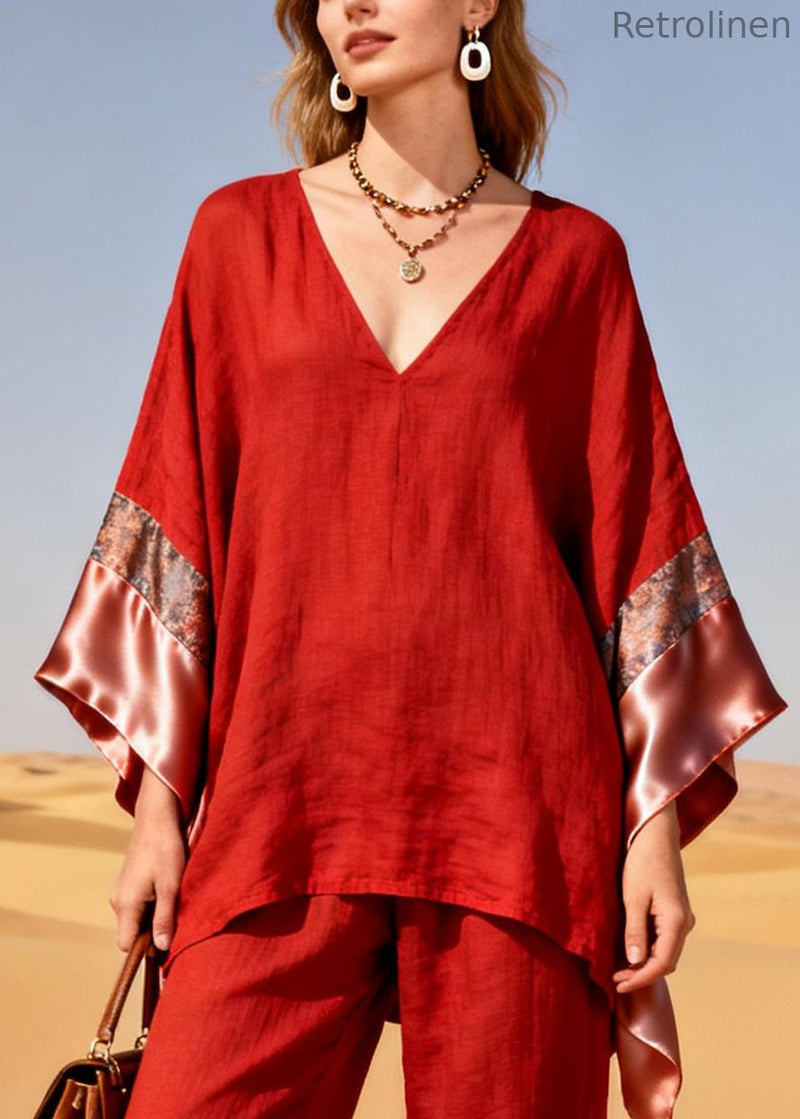 Red Oversized Patchwork Linen Silk Two Piece Suit Set Spring