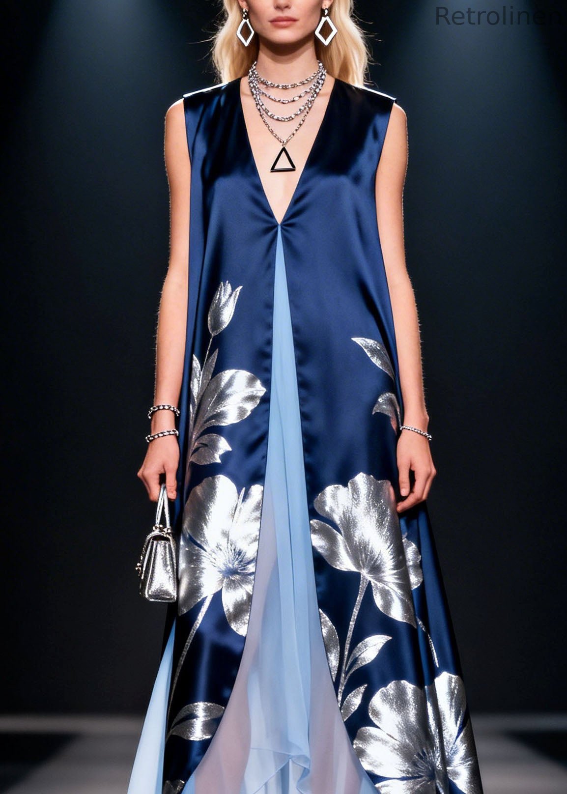 V Neck Print Patchwork Silk Long Dress Summer