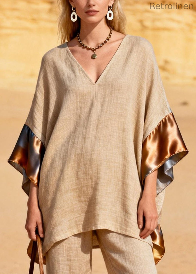 Khaki Oversized Patchwork Silk Linen Two Pieces Set Summer