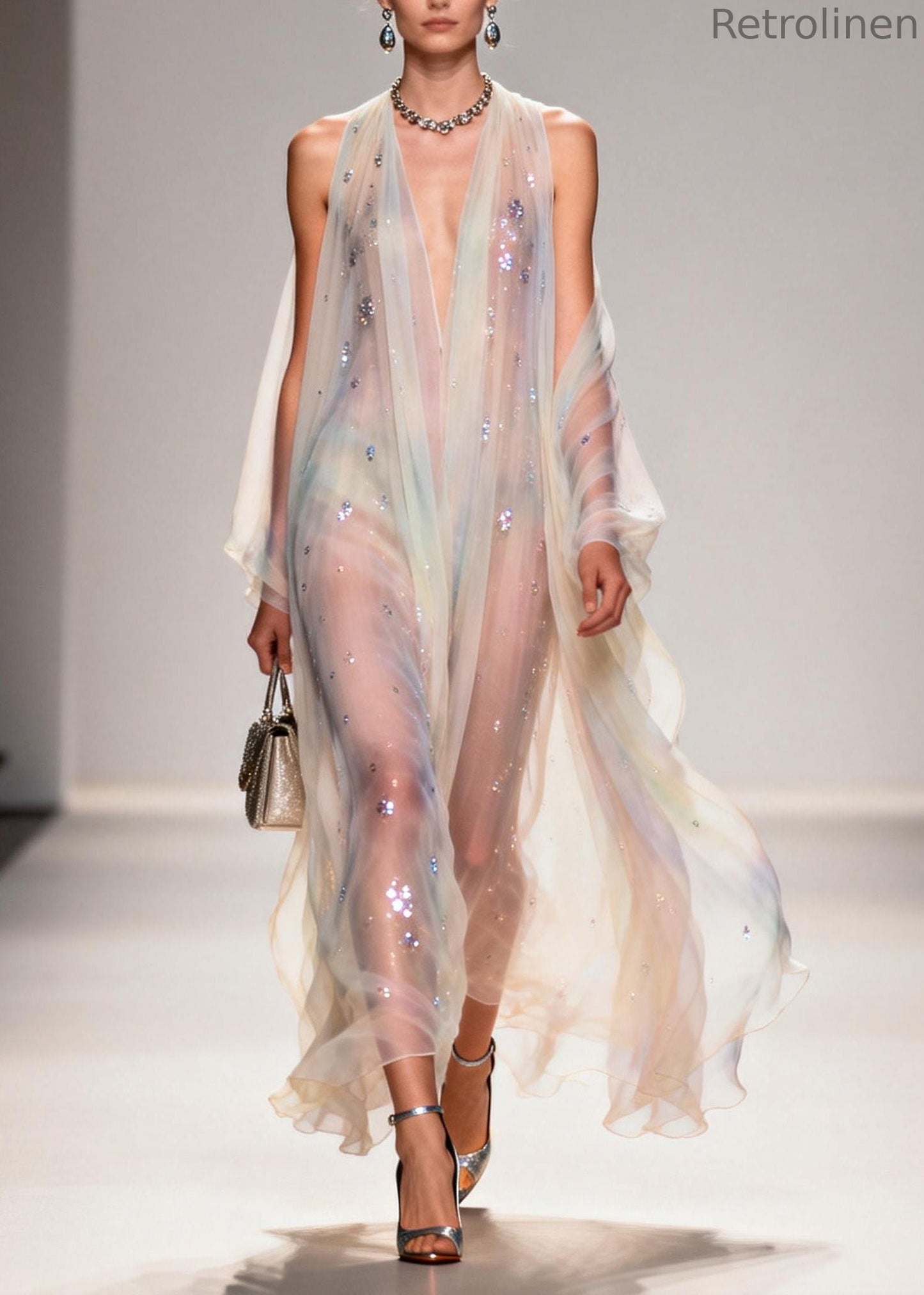 Modern V Neck Zircon Chiffon Long Dress Summer