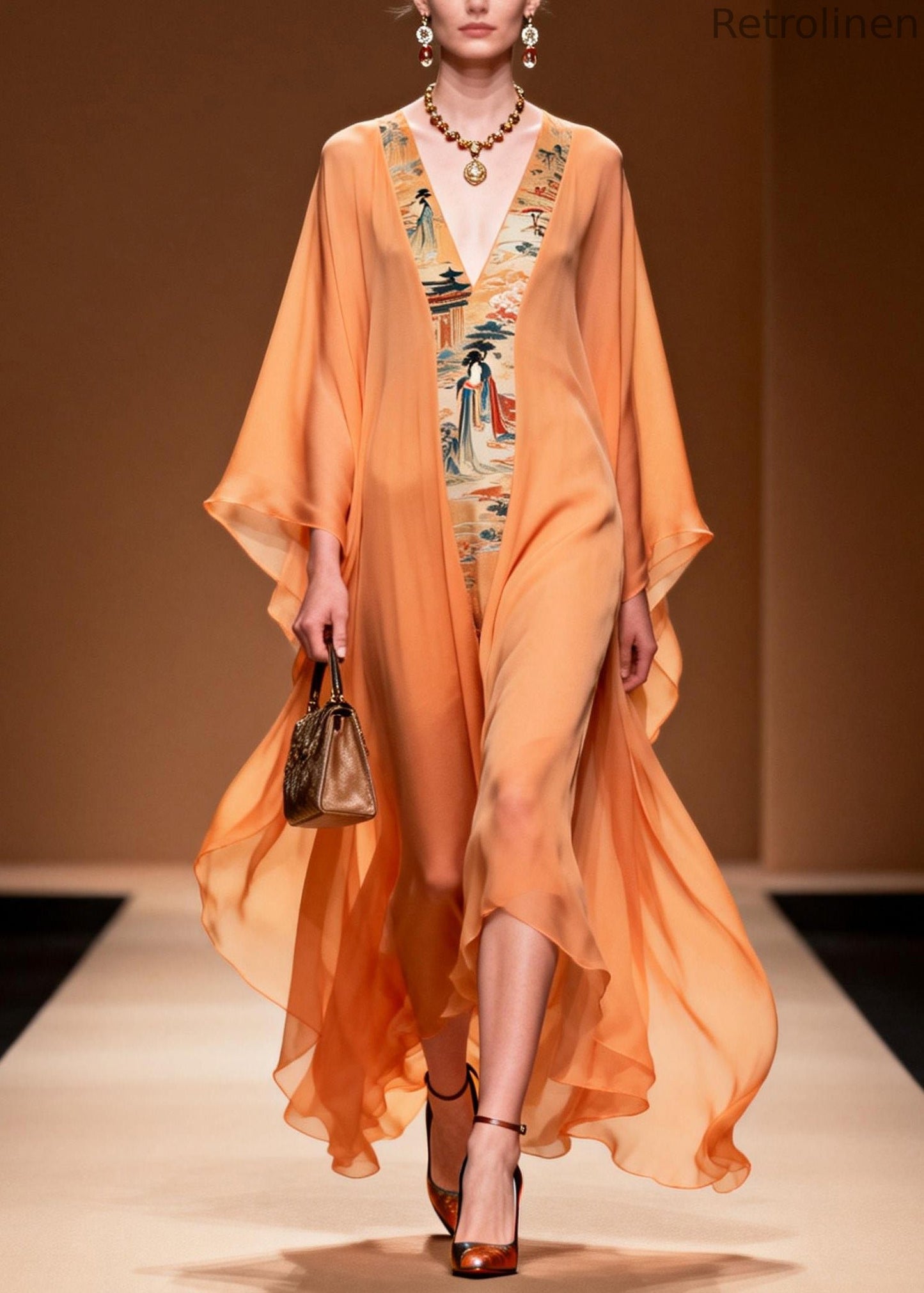 Orange V Neck Print Patchwork Chiffon Dress Spring