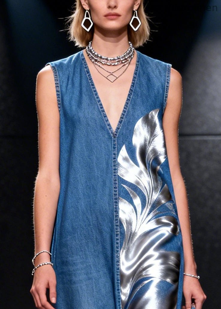 French Blue Asymmetrical Tulle Patchwork Denim Long Dress Summer