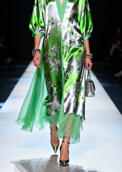 Modern V Neck Print Patchwork Silk Maxi Dresses Summer