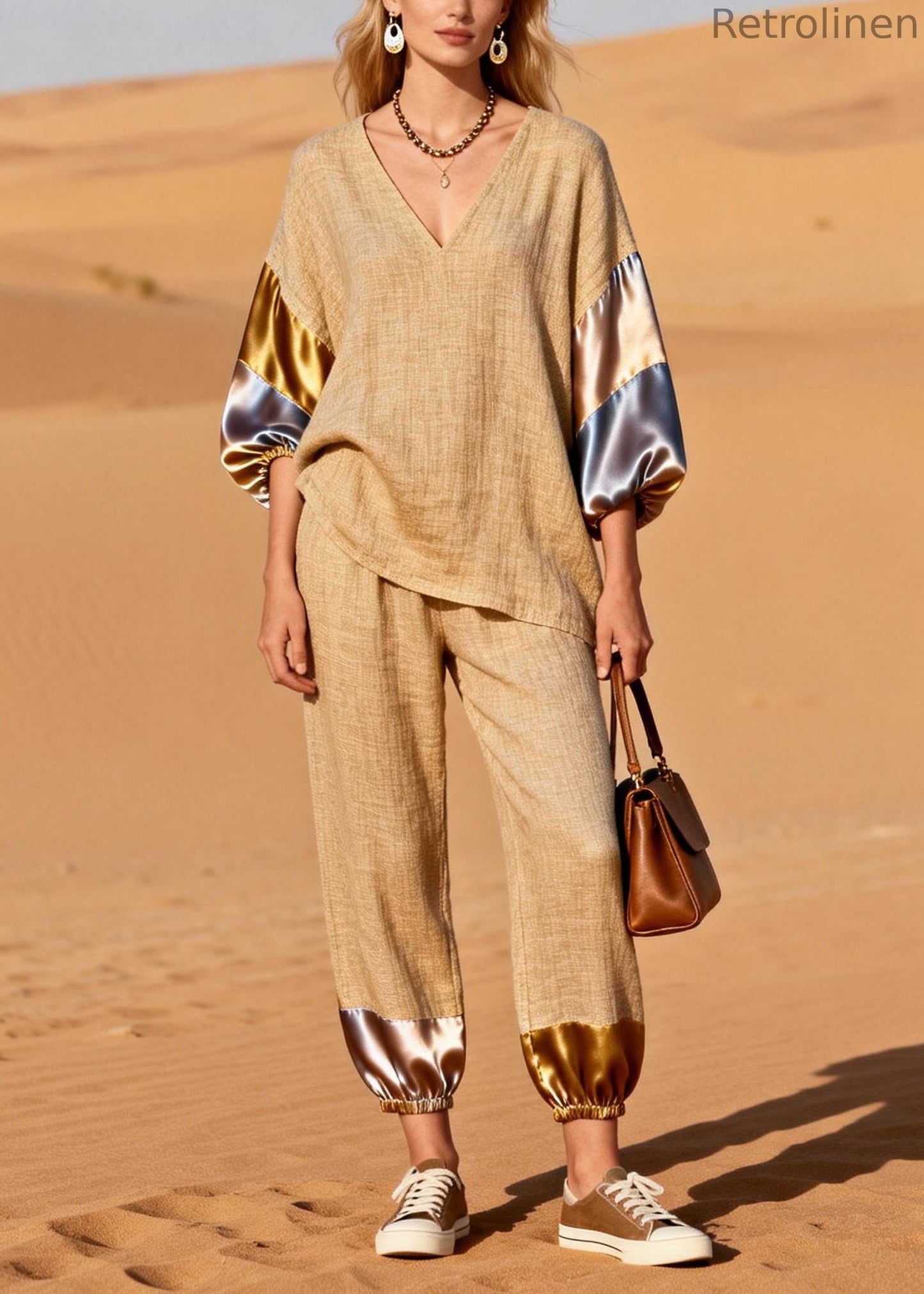 Khaki Oversized Patchwork Linen Two Pieces Set Spring