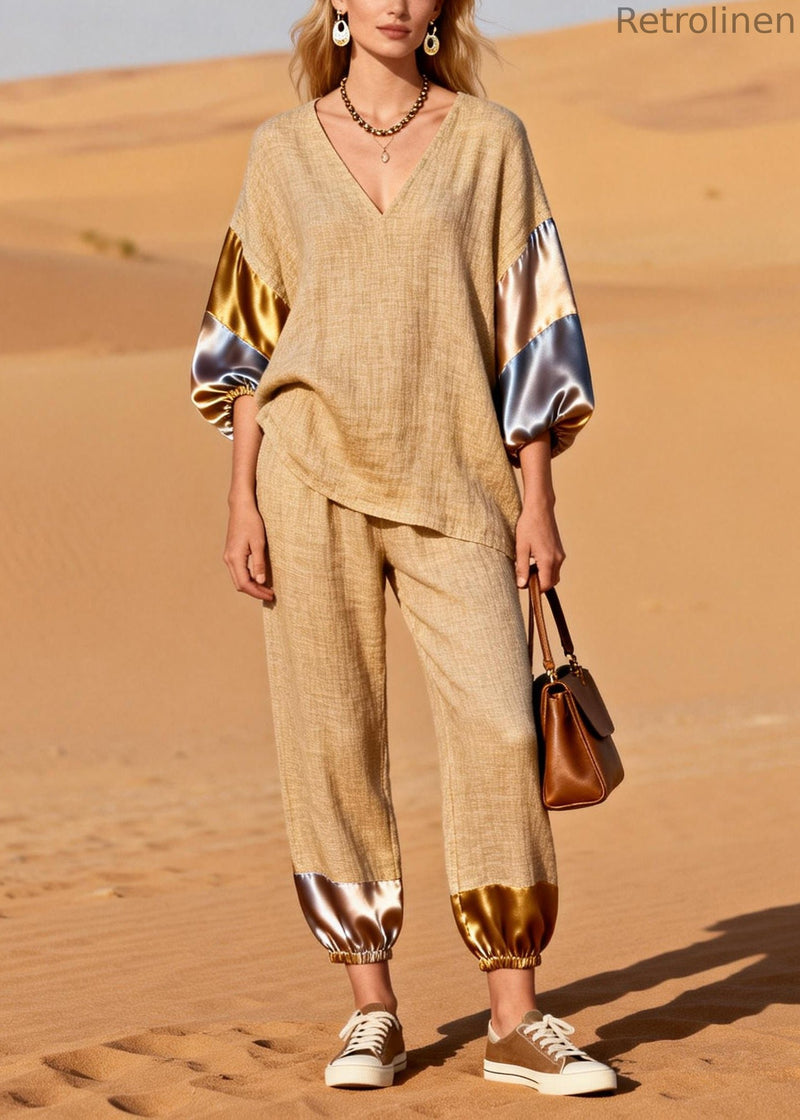 Khaki Oversized Patchwork Linen Two Pieces Set Spring