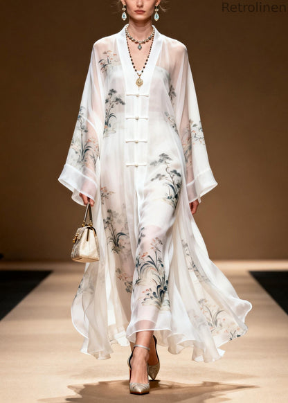 White Print Chinese Button Draping Chiffon Dress Summer