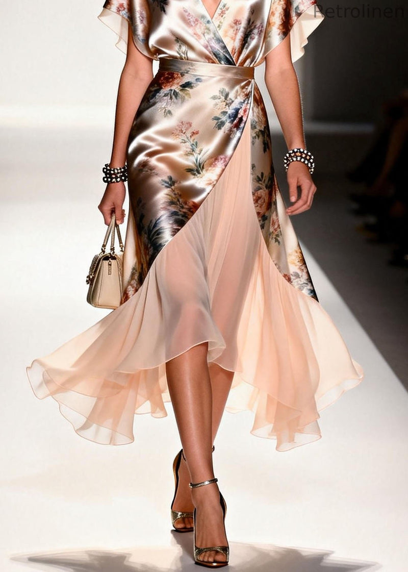 New V Neck Print Patchwork Silk Maxi Dresses Summer