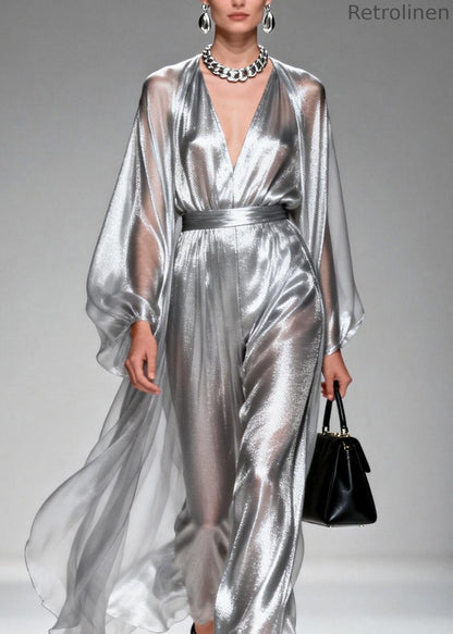 Silver V Neck Silk Long Dresses Spring