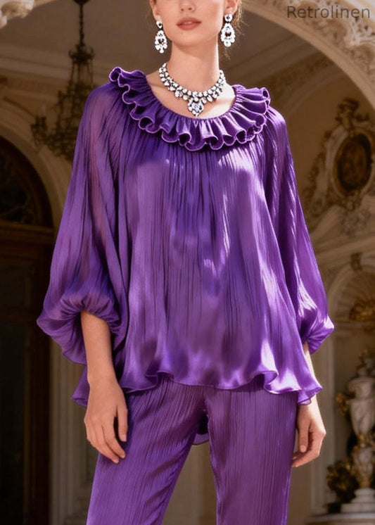 Purple High Waist Tops and Bell Bottom Trousers Silk Two Piece Set Ruffled Lantern Sleeve