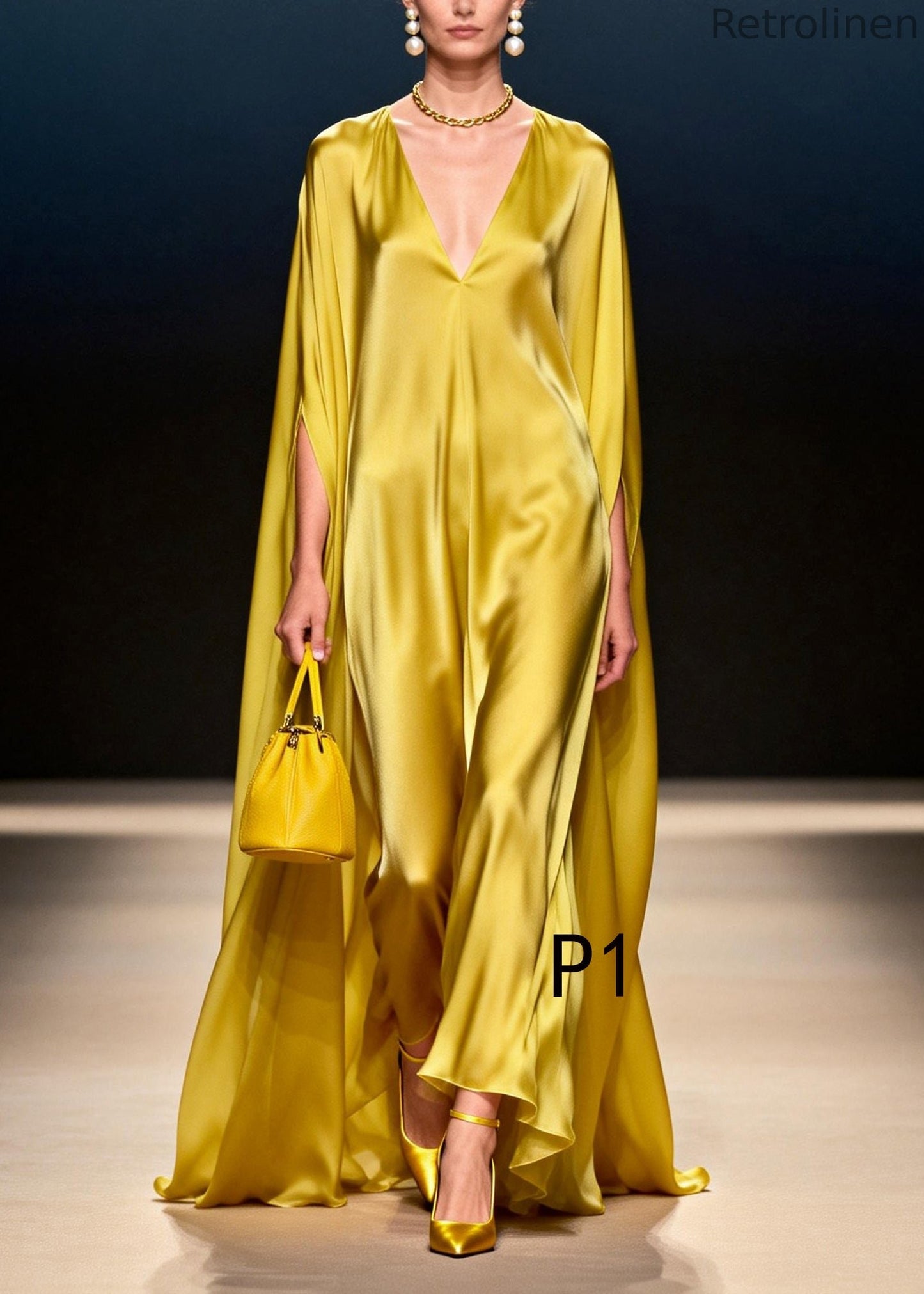 Yellow Oversized Chiffon Vacation Dresses Batwing Sleeve