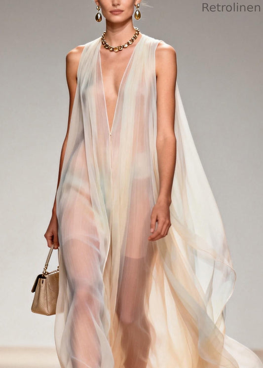 V Neck Chiffon Long Dresses Sleeveless