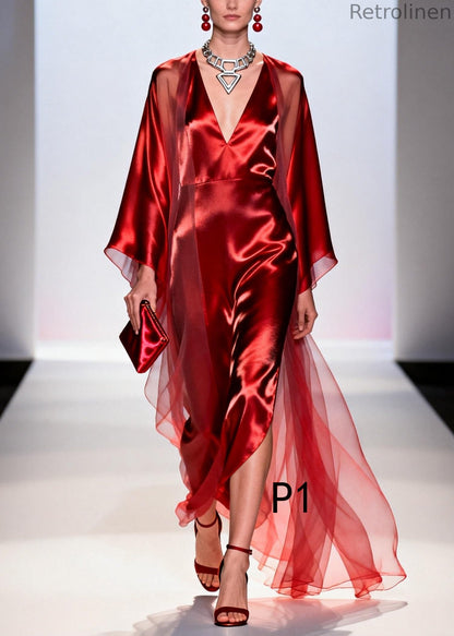Unique Red V Neck Patchwork Tulle Maxi Dresses Summer