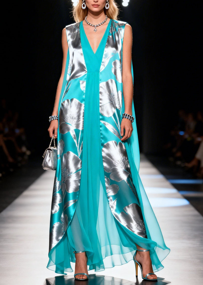 Colorblock V Neck Print Chiffon Dresses Sleeveless
