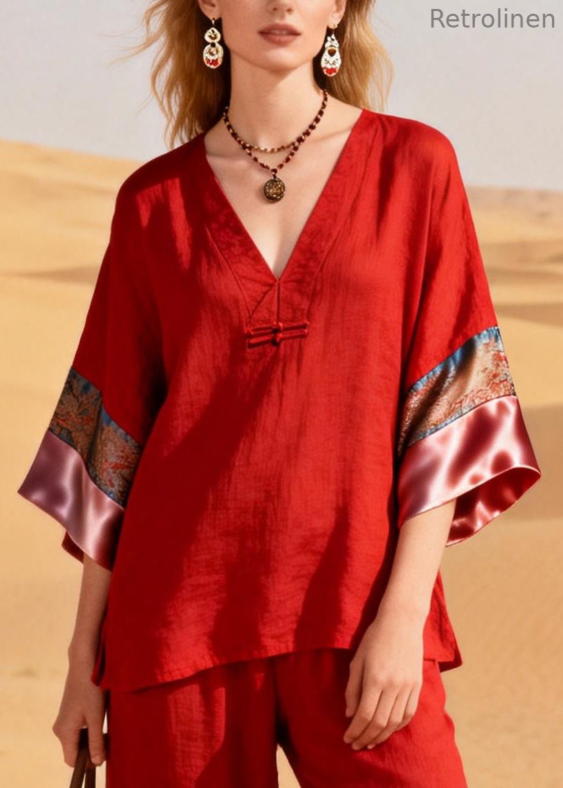 Boutique Red V Neck Patchwork Cotton Oriental Two Pieces Set Half Sleeve