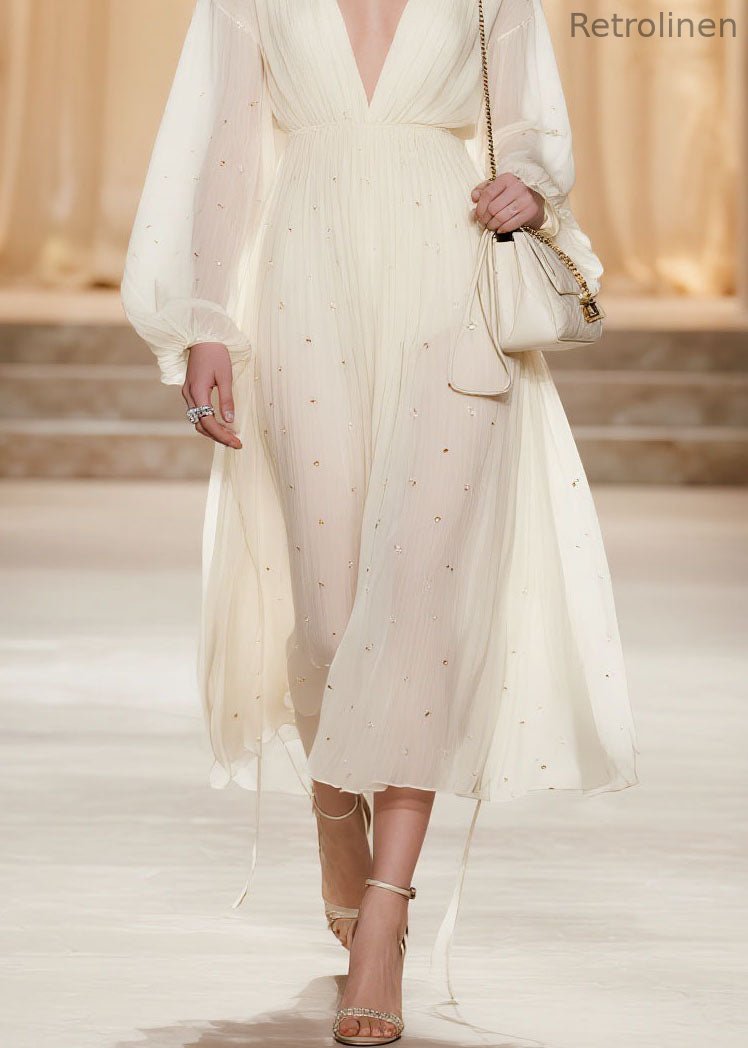 Classy White V Neck Wrinkled Zircon Chiffon Dresses Spring