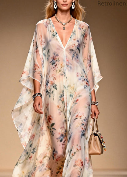 French V Neck Print Chiffon Long Dresses Summer