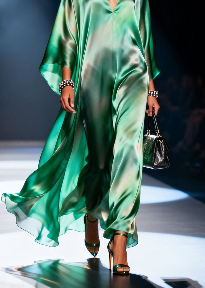 Unique Green V Neck Chiffon Long Dress Summer