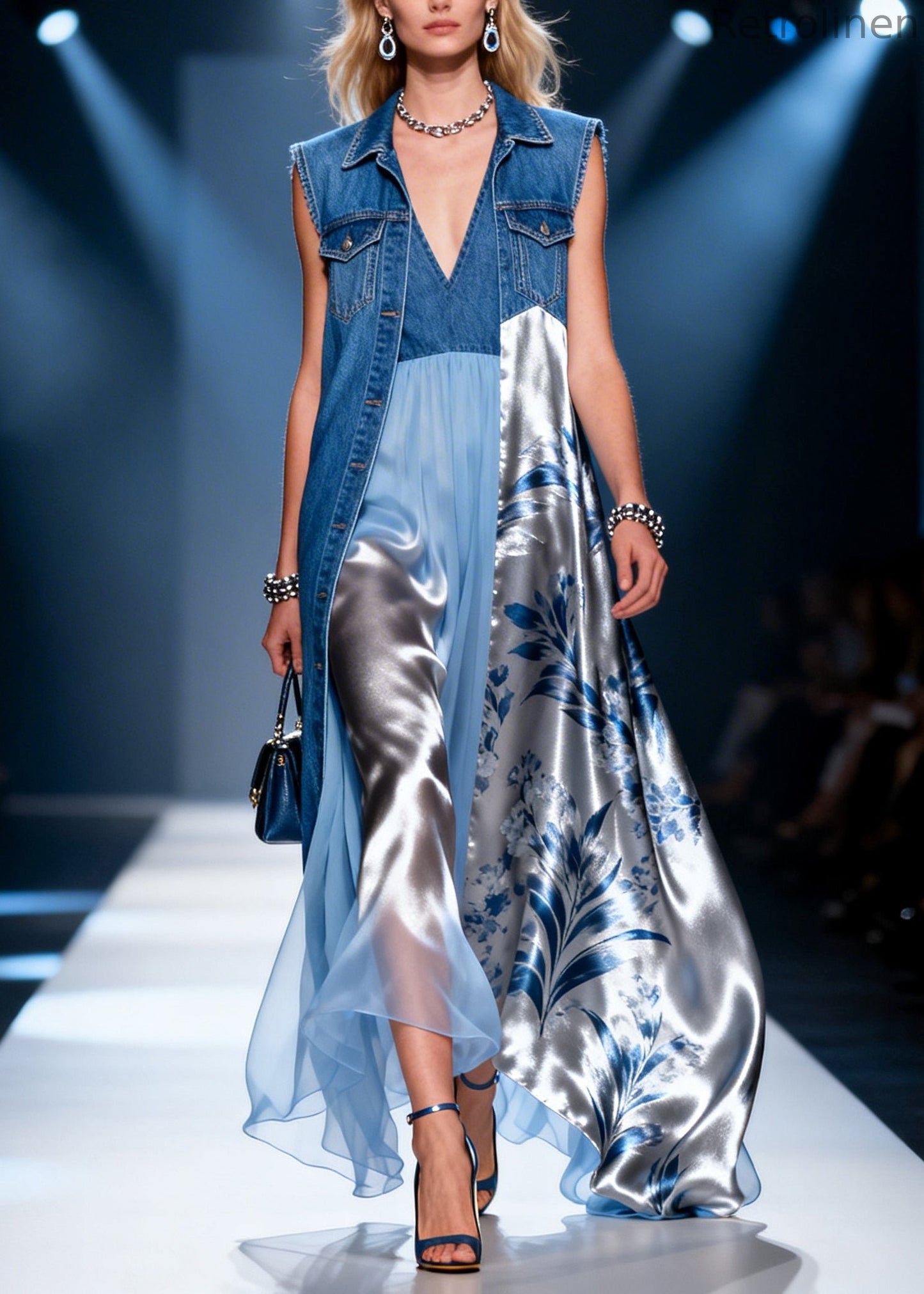Denim Blue Patchwork Chiffon Dress Two Piece Set Asymmetrical Summer